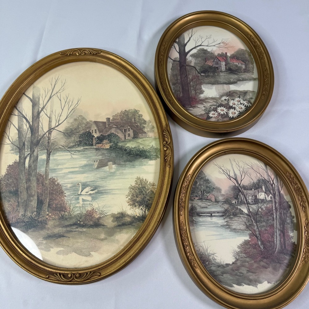 Vintage Homco Gold Oval Wall Art Set of 3 Cottage Scenic Prints 3230 3231 USA